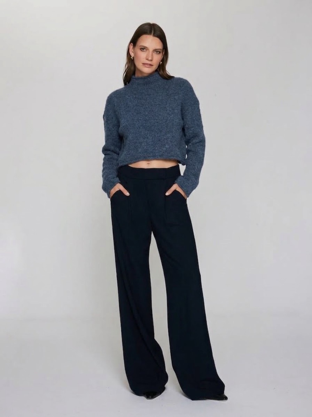 Zara Mock Neck Sweater Size Large Wool Alpaca Blend Blue Black Heathering